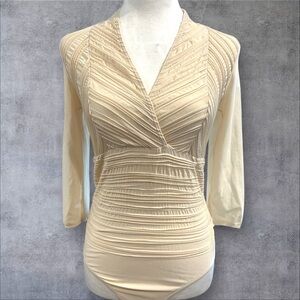 Vintage Wolford Bodysuit M | Made in Austria Beige‎ Pleated Stretch V-Neck 90s
